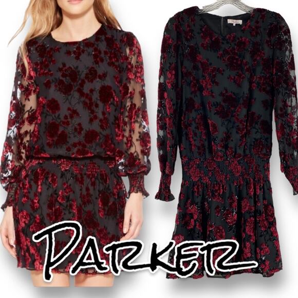 Parker Carmindy Floral Velvet Burnout Dress Black Red Womens Size Small - Picture 1 of 11